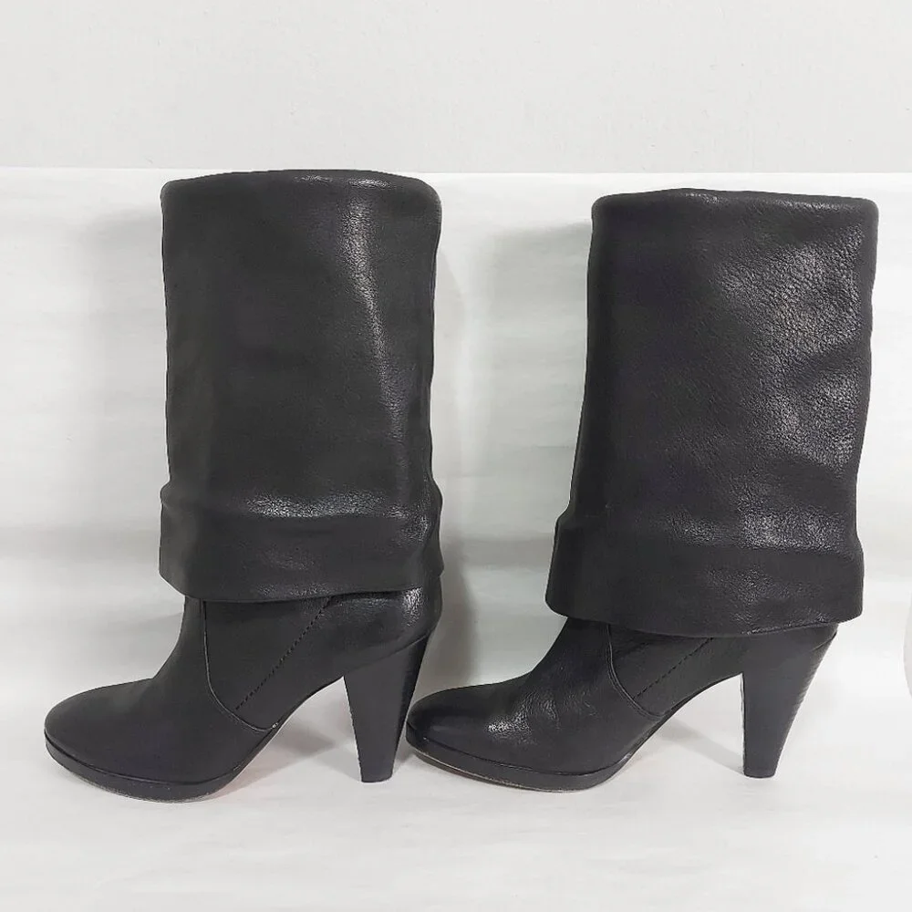 Michael Kors Women Slouchy Foldable Knee High Heeled Boots Size 7  Black Leather